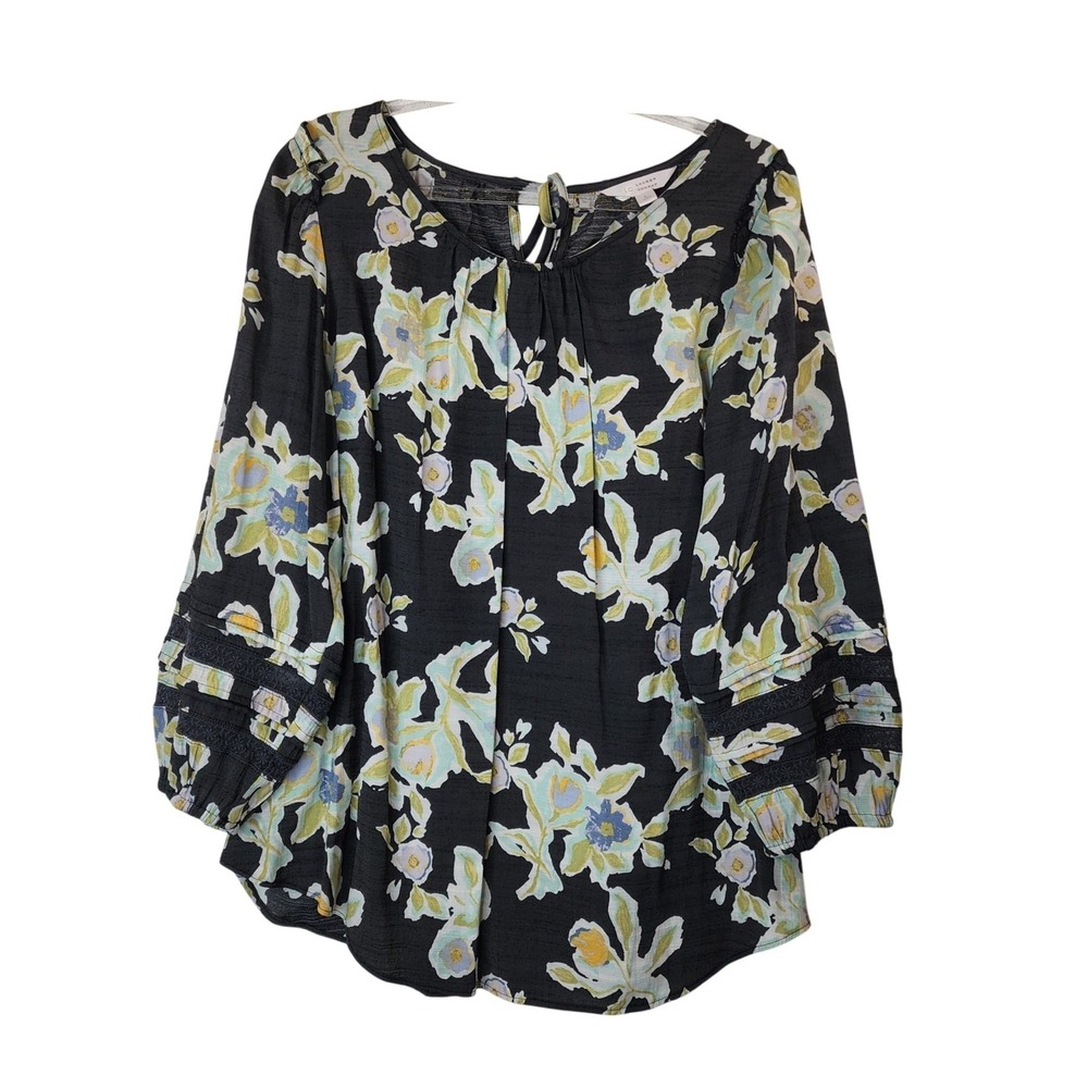 Lauren Conrad Black Floral Boho Peasant Top Large Cottagecore Feminine Romantic